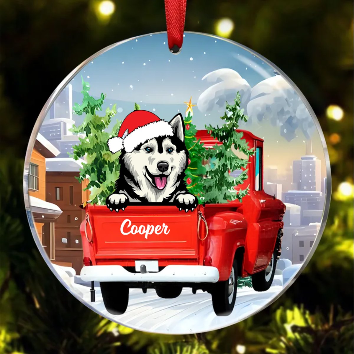 Dog Lovers - Dog Red Truck Christmas - Personalized Circle Ornament - Makezbright Gifts