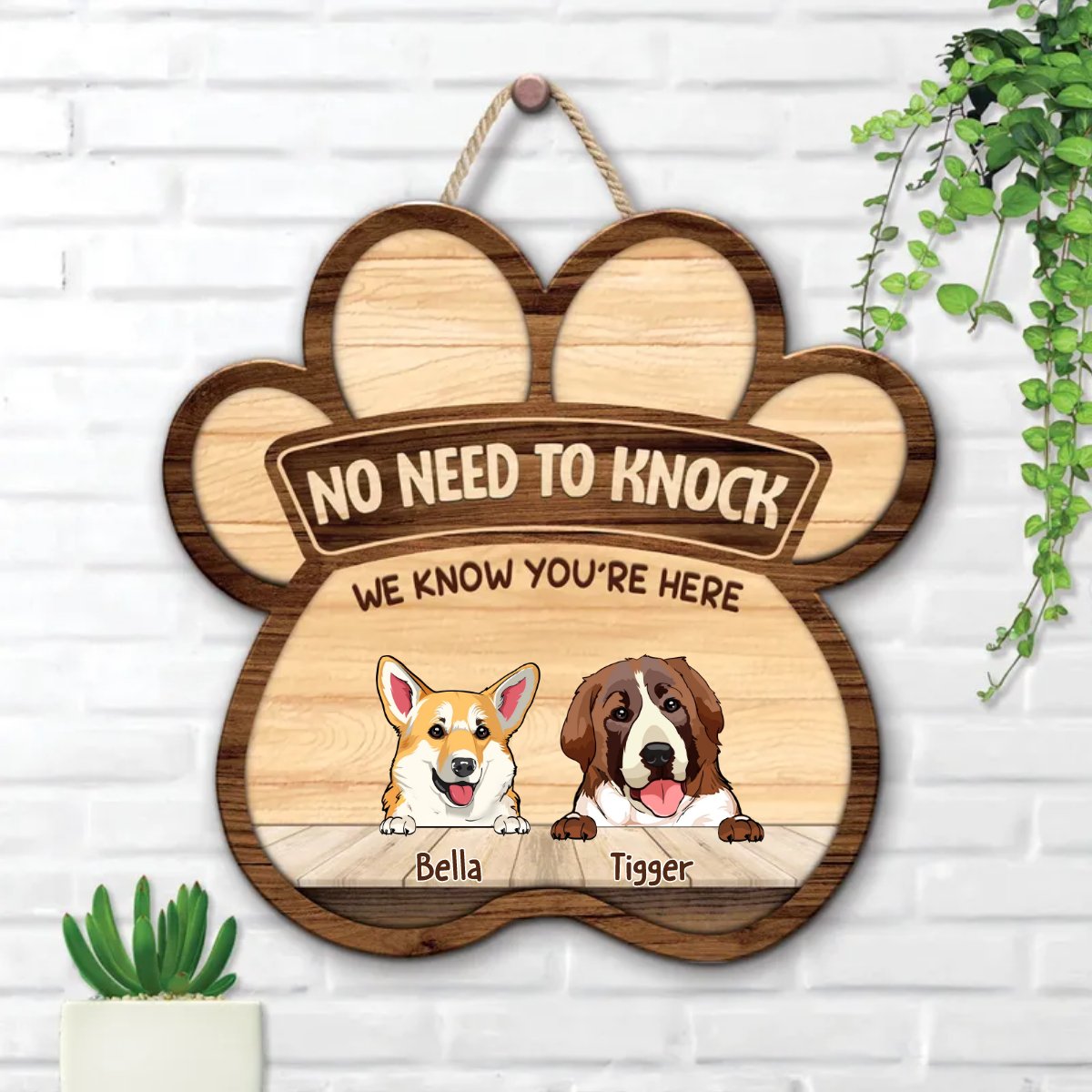 Dog Lovers - No Need To Knock, We Know You're Here - Personalized Wood Sign - Makezbright Gifts