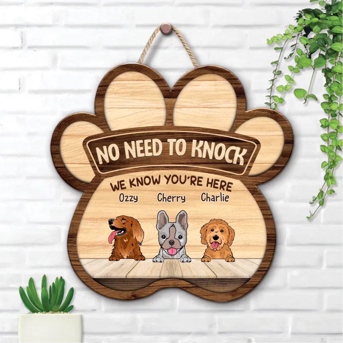 Dog Lovers - No Need To Knock, We Know You're Here - Personalized Wood Sign - Makezbright Gifts