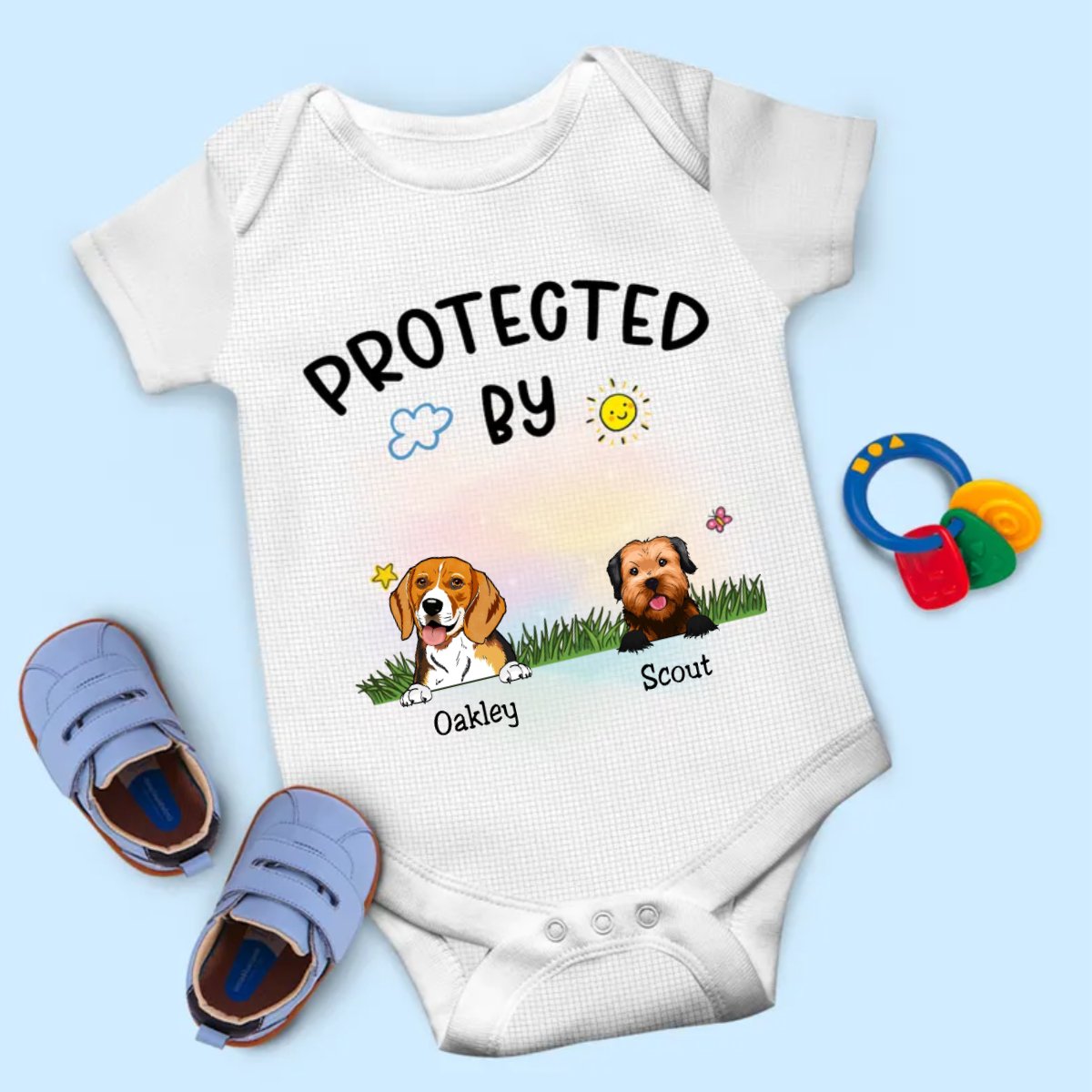 Dog Lovers - Protected By - Personalized Baby Bodysuit - Makezbright Gifts