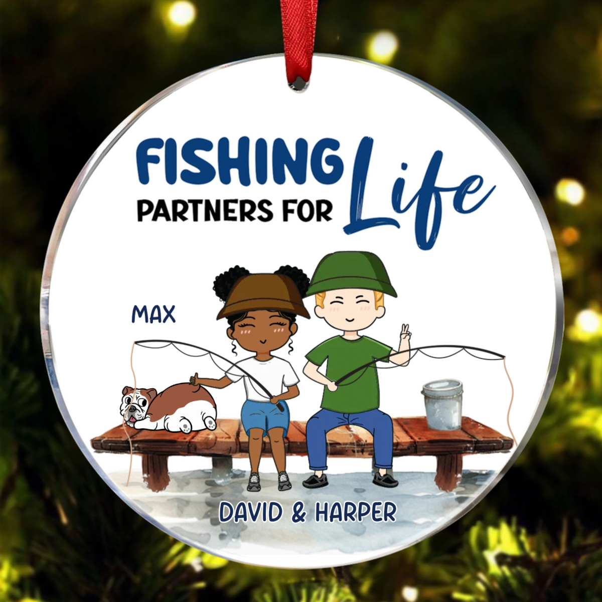 Fishing Partners Chibi Couple and Dog Personalized Circle Ornament