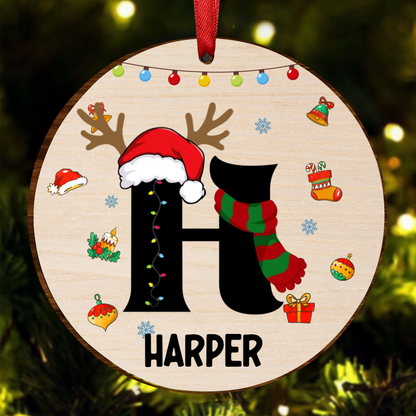 Name Monogram Christmas Family - Personalized Wooden Ornament