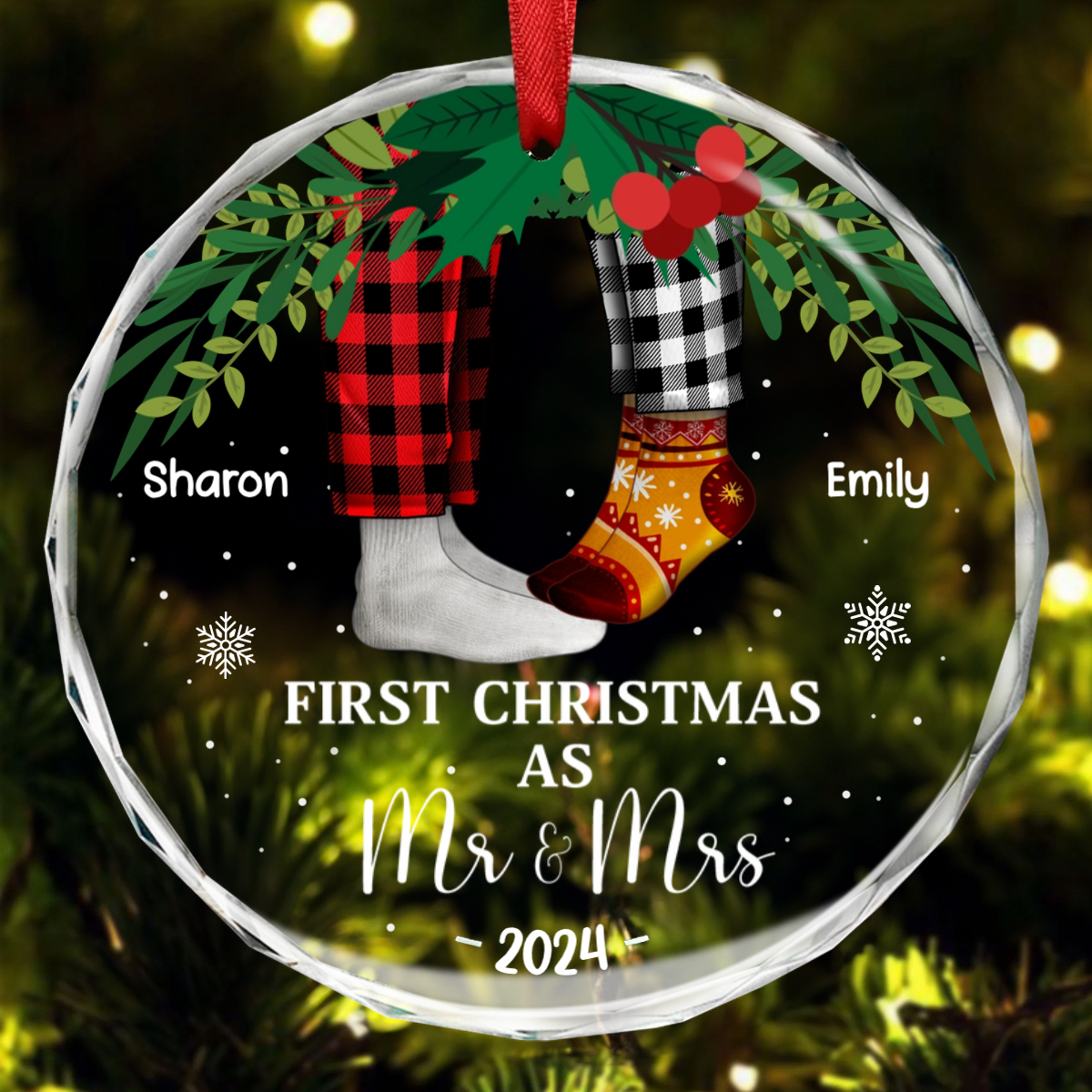 First Christmas As Mr & Mrs Christmas Socks Couple - Personalized Circle Acrylic Ornament