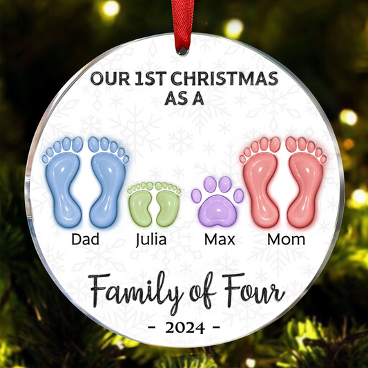 First Christmas As A Family Of Four Footprints - 3D Inflated Effect Printed Ornament, Personalized Circle Ornament