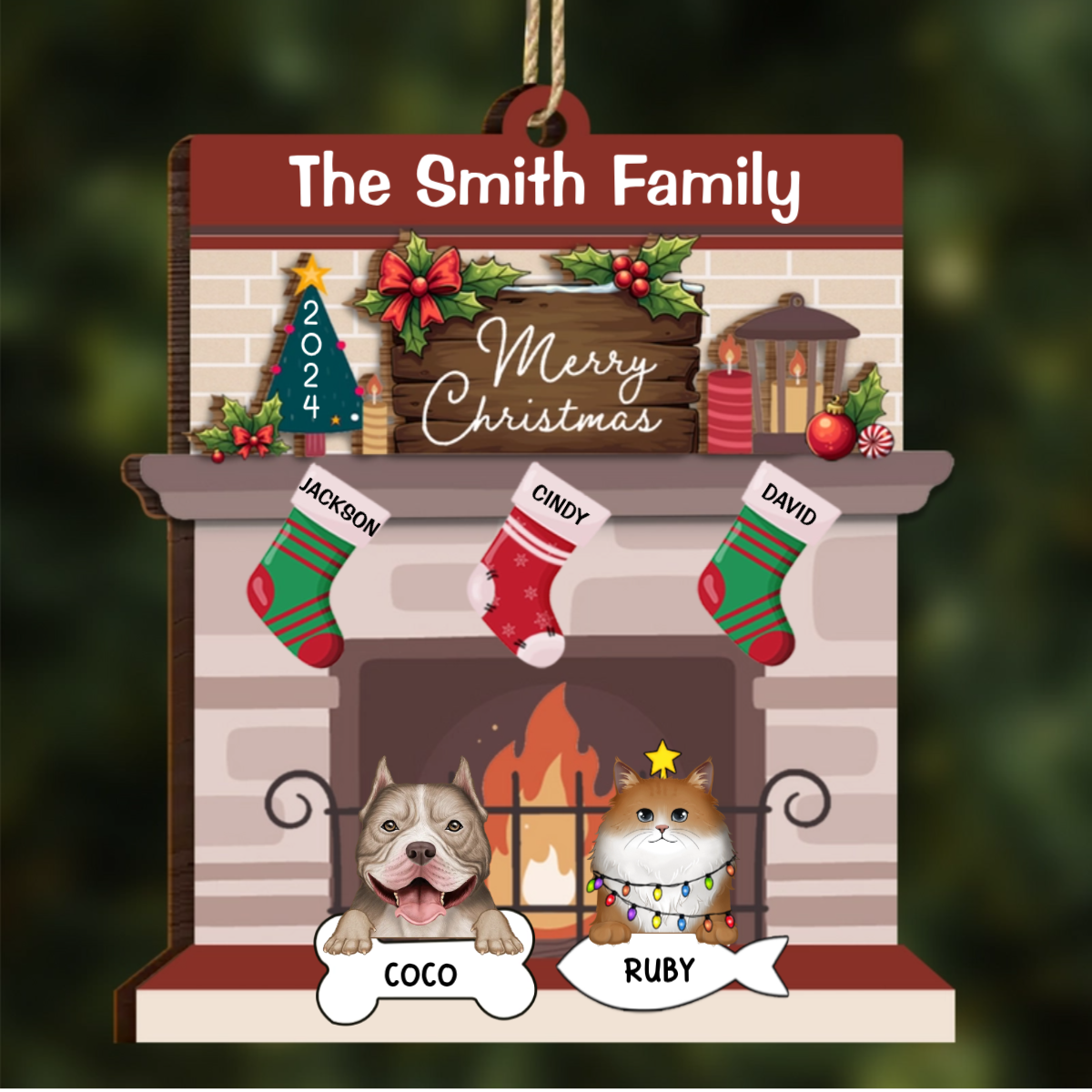 Family Fire Place Stocking Christmas - Personalized Wooden Ornament