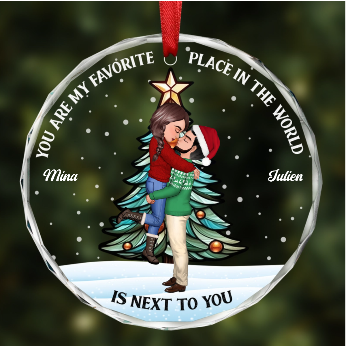 Christmas Couple Kissing My Favorite Place In All The World - Personalized Circle Ornament