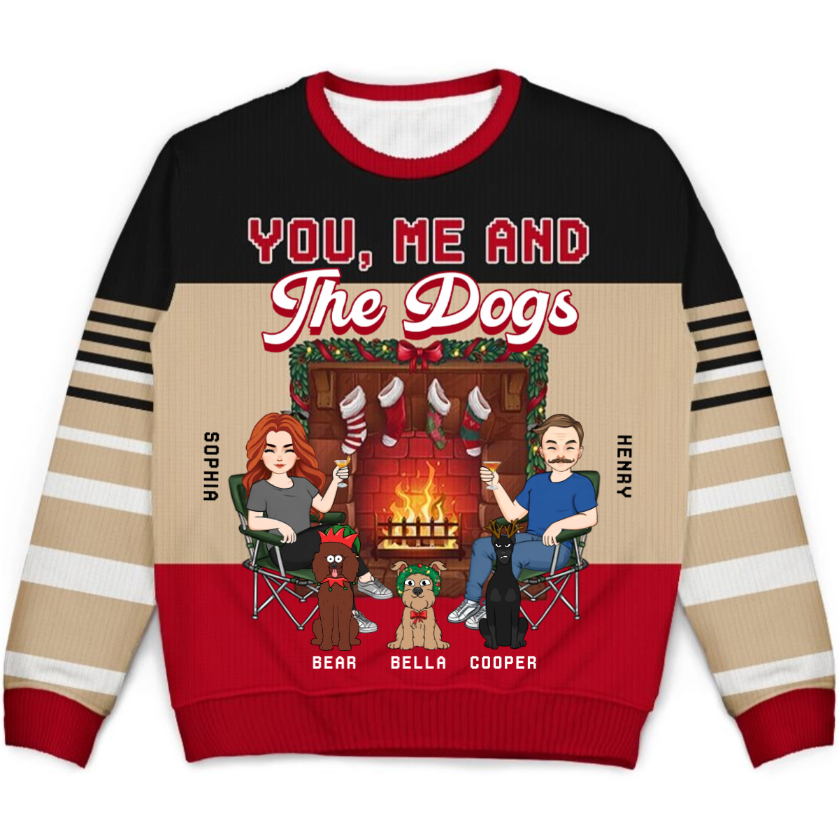 Fireplace You, Me And The Dog - Personalized Unisex Ugly Sweater