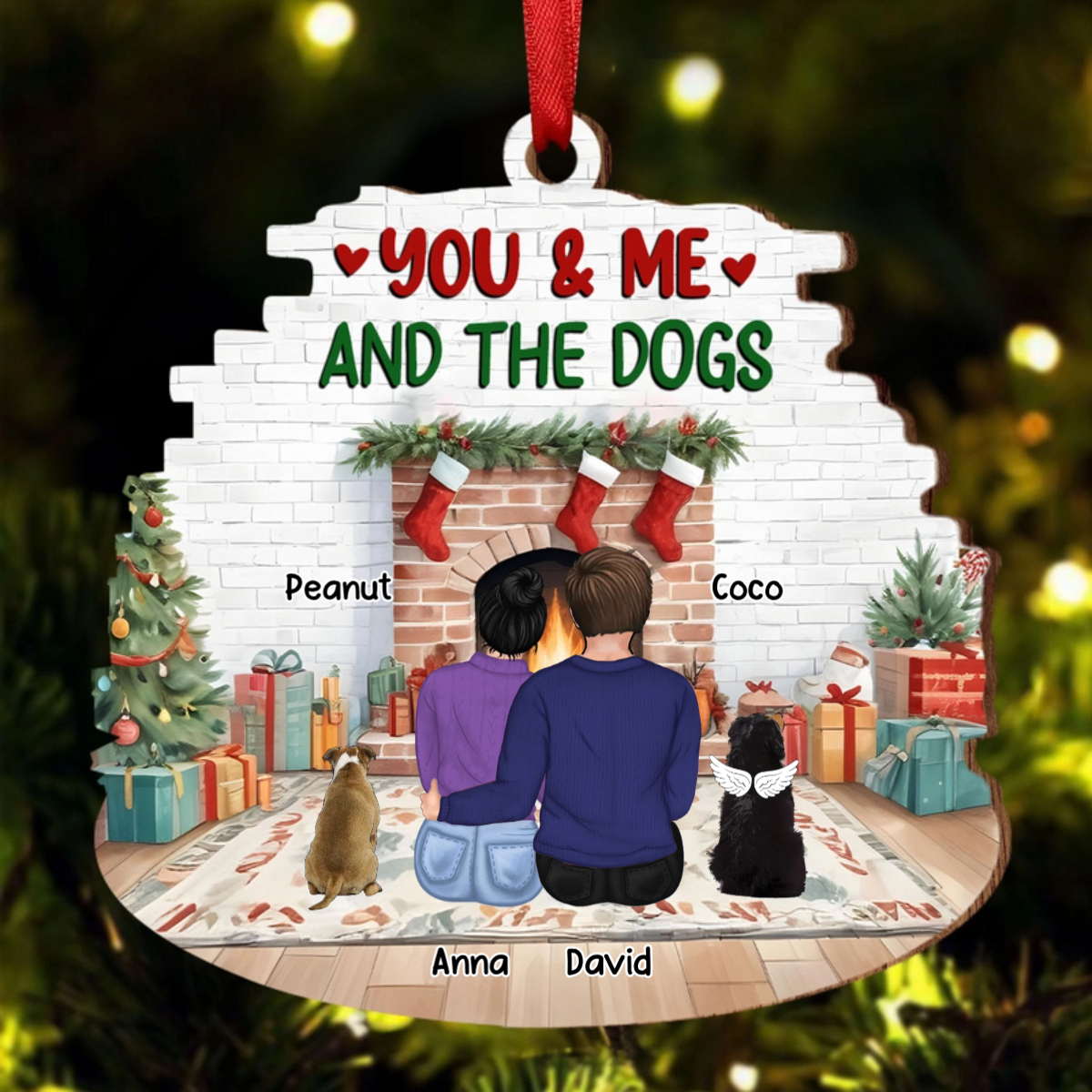 You & Me & The Dog Christmas Couple - Personalized Custom Shaped Wooden Ornament