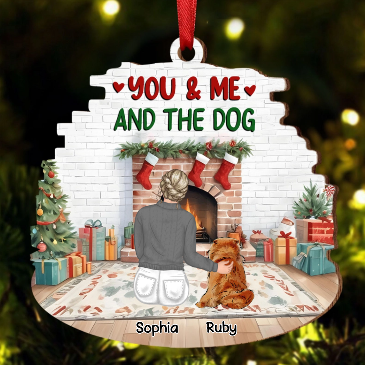 You & Me & The Dog Christmas Couple - Personalized Custom Shaped Wooden Ornament