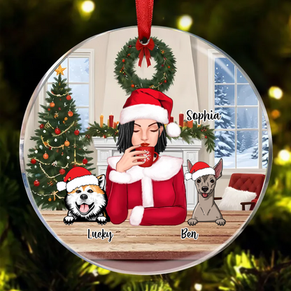 Dog Mom With Peeking Dogs Christmas Personalized Circle Ornament