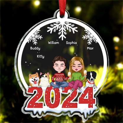 Couple & Pets Merry Christmas - Dog & Cat Personalized Custom Ornament - Acrylic Snow Globe Shaped - Christmas Gift For Pet Owners, Pet Lovers