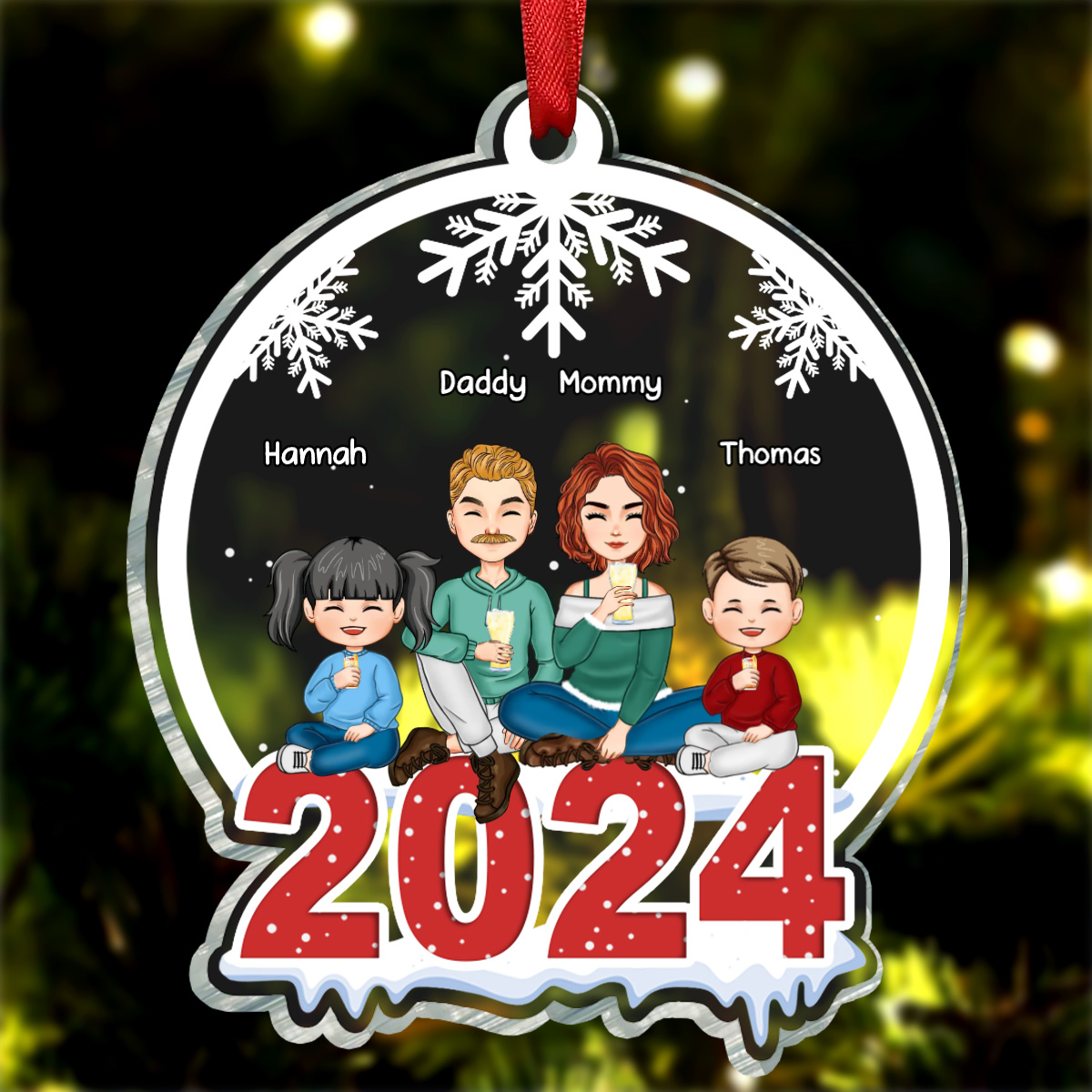 Family Sitting Together - Family Personalized Custom Ornament - Acrylic Snow Globe Shaped - Christmas Gift For Family Members