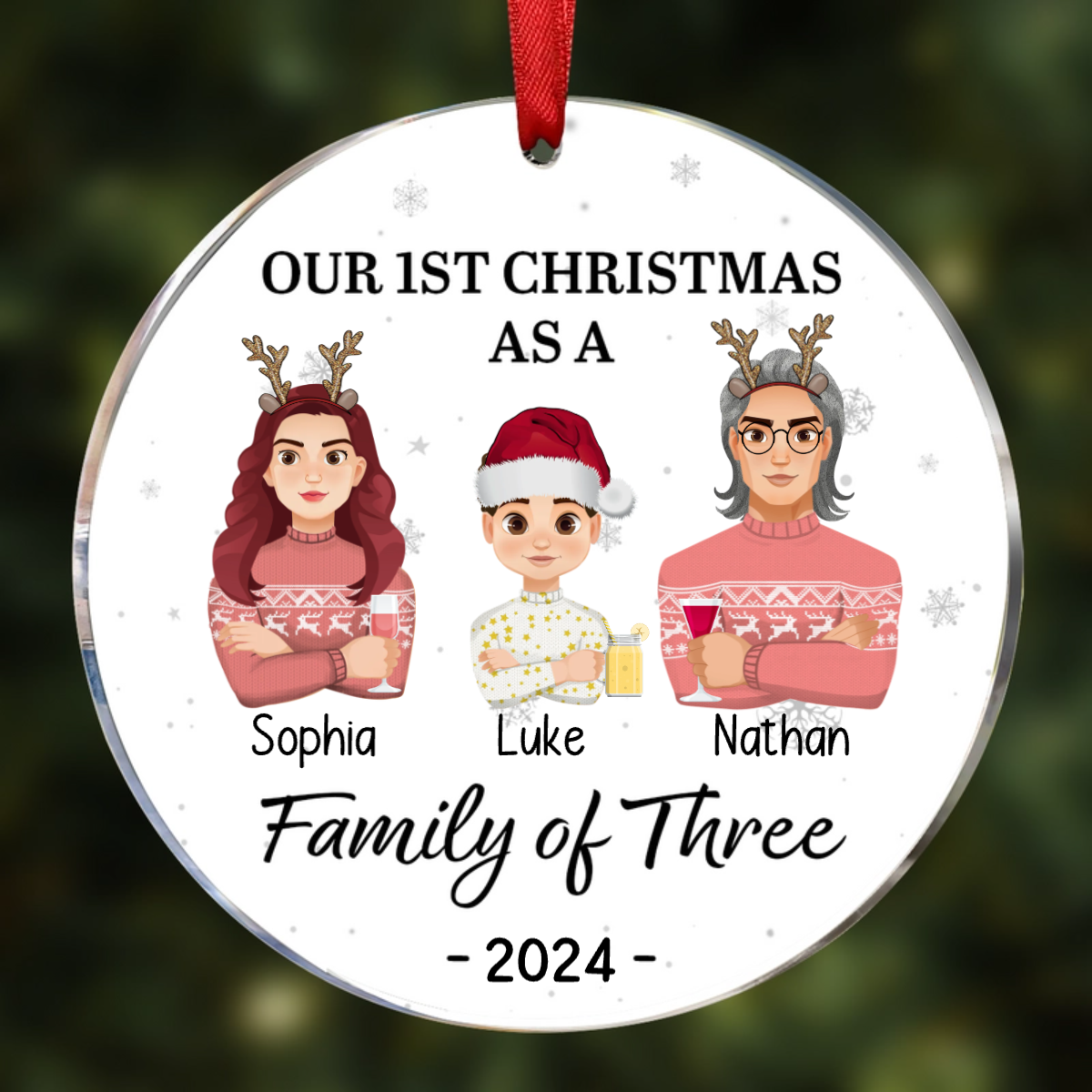 First Christmas As A Family Of Three Flat Art - Personalized Circle Acrylic Ornament