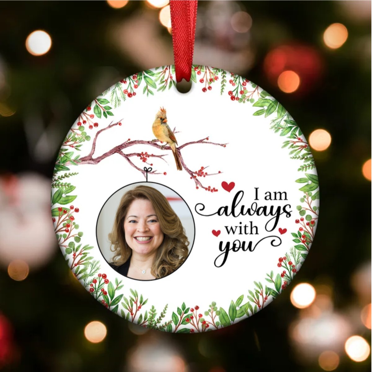 Family - Always With You Holly Branch Cardinal - Personalized Circle Ornament - Makezbright Gifts