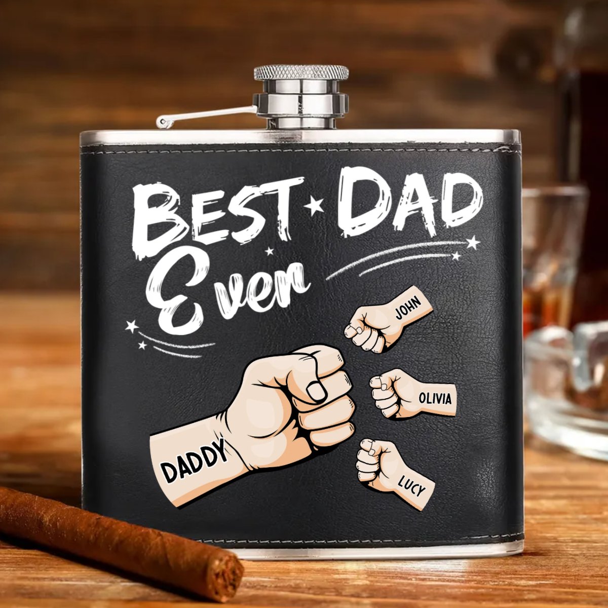 Family - Best Dad Ever - Personalized Leather Flask - Makezbright Gifts