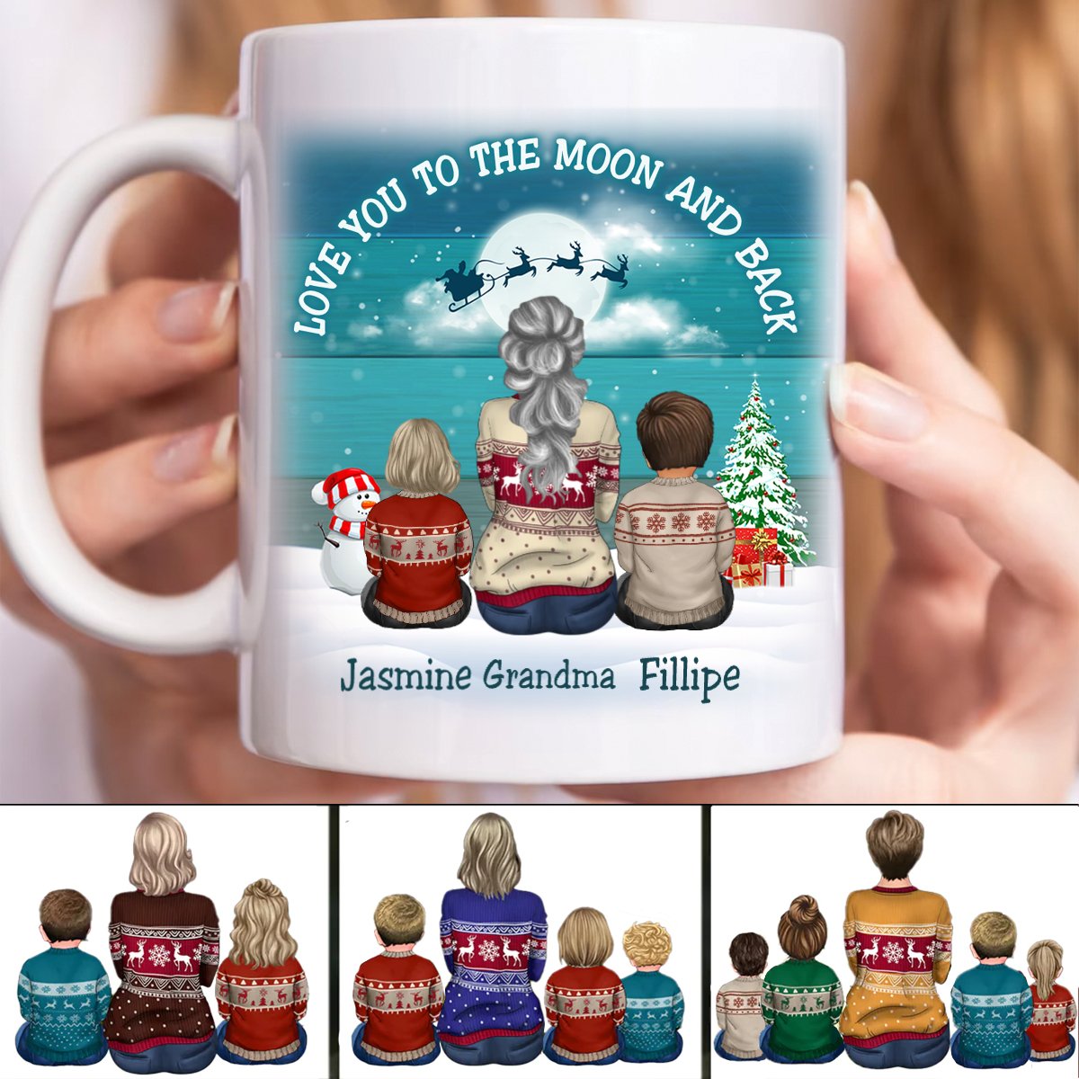 Family - Blue Palette Moon Grandma & Grandkids Back View - Personalized Mug (LH) - Makezbright Gifts