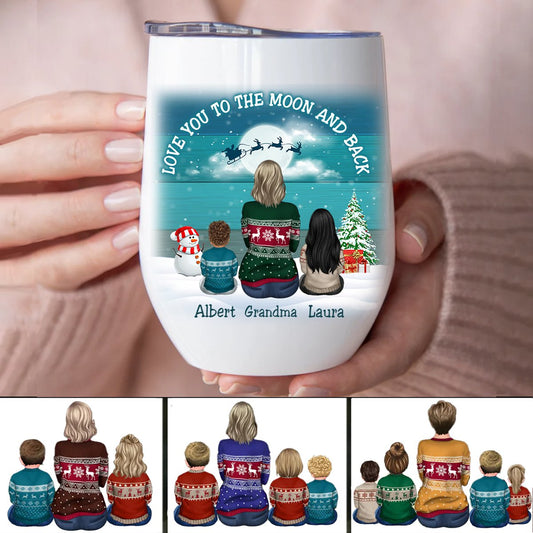 Family - Blue Palette Moon Grandma & Grandkids Back View - Personalized Wine Tumbler (LH) - Makezbright Gifts