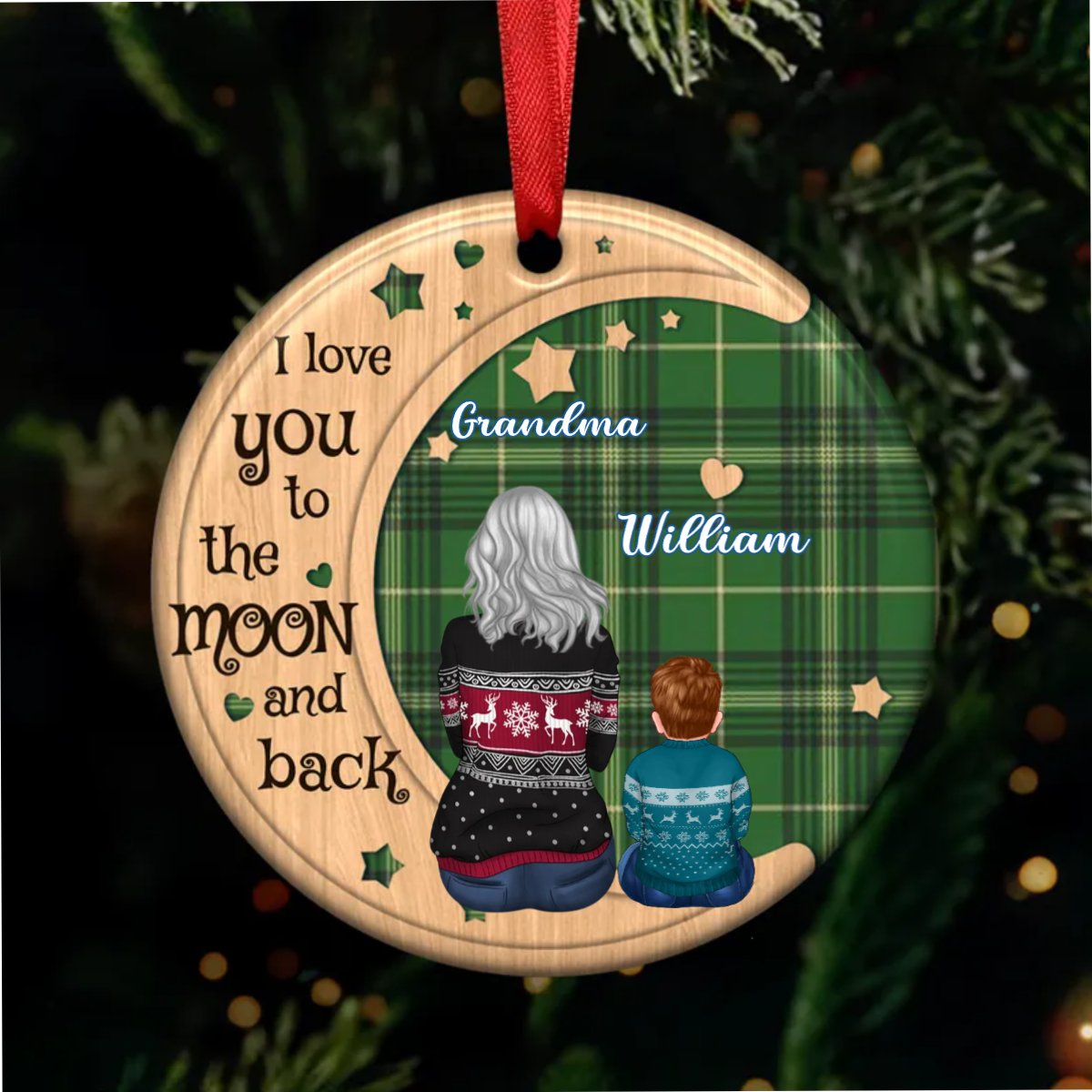 Family - Checkered Pattern Doll Grandma & Grandkid On Moon - Personalized Circle Ornament - Makezbright Gifts