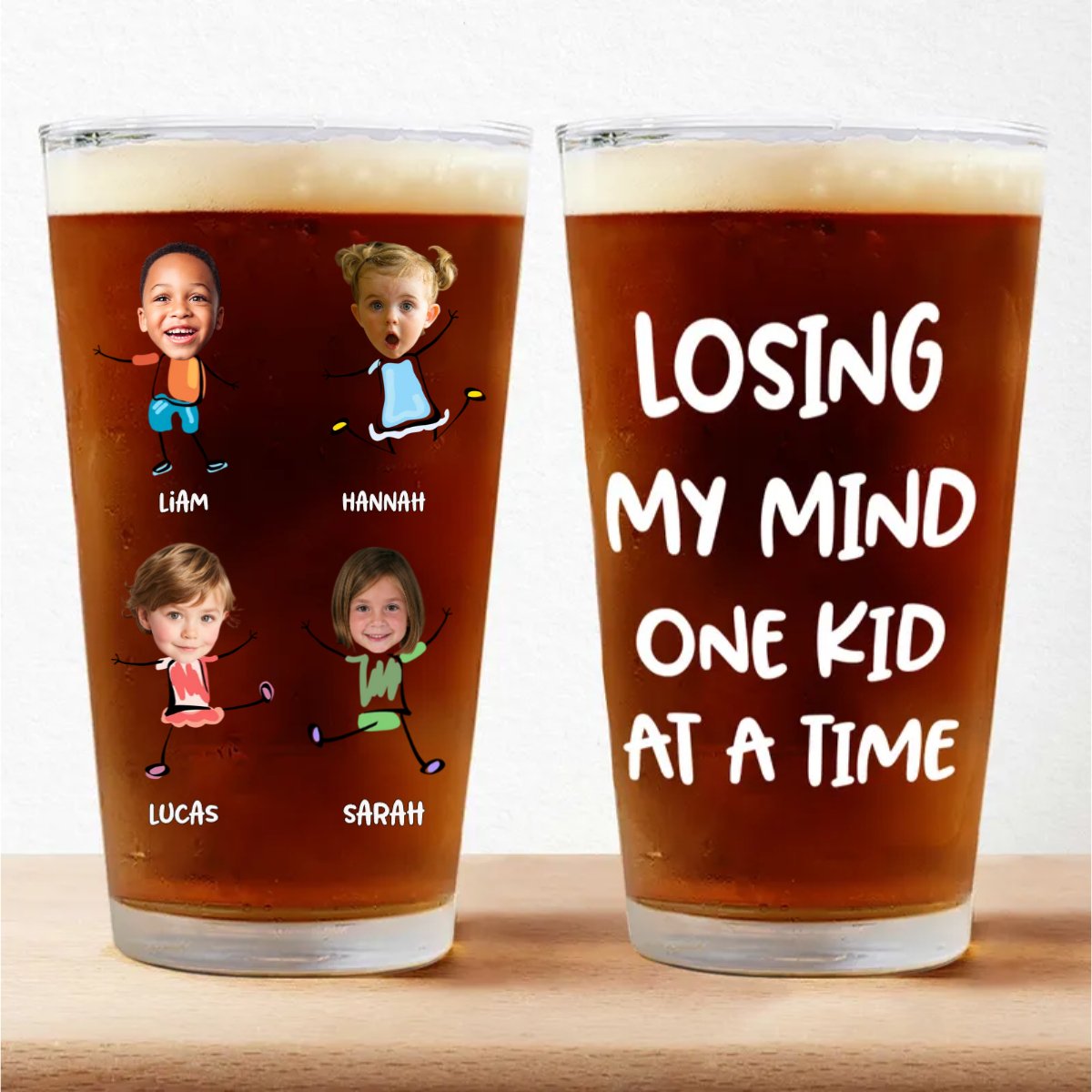 Family - Custom Photo Losing My Mind One Kid At A Time - Personalized Pint Glass - Makezbright Gifts