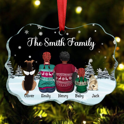 Family - Dad Mom Kids Dogs Cats Snow Background - Personalized Ornament - Makezbright Gifts