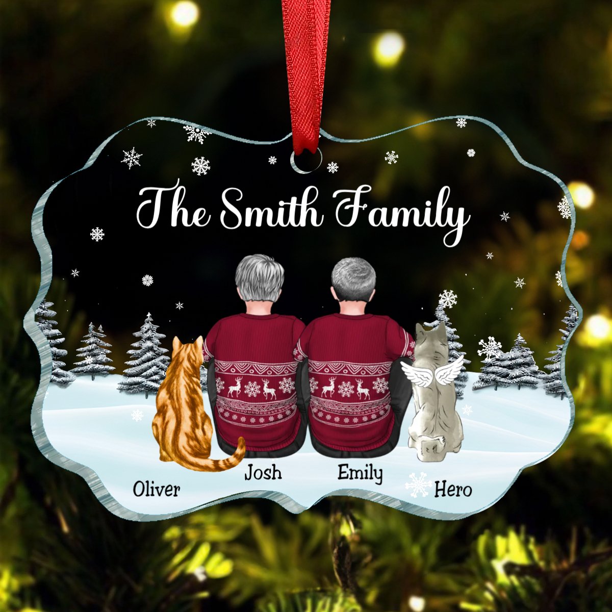 Family - Dad Mom Kids Dogs Cats Snow Background - Personalized Ornament - Makezbright Gifts