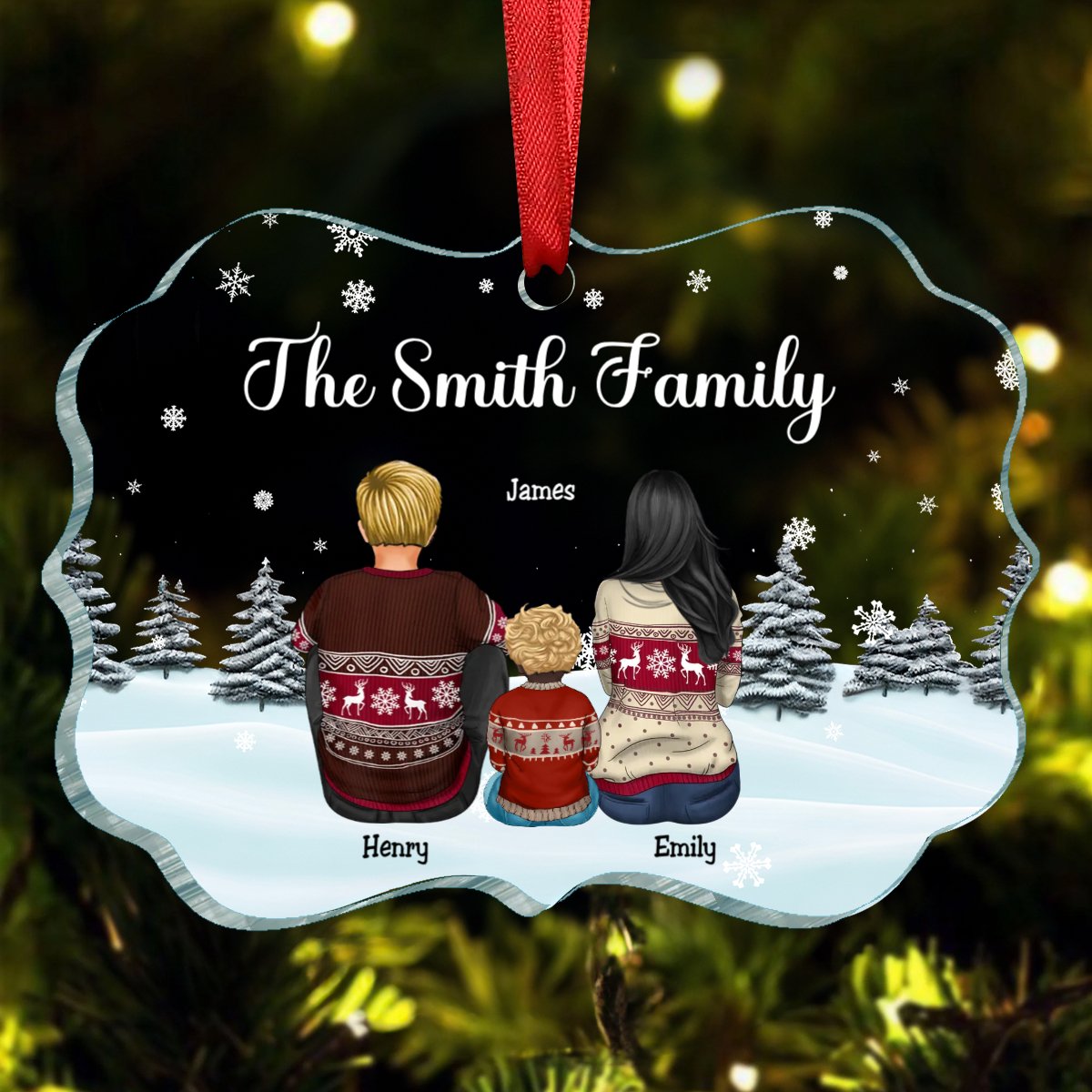 Family - Dad Mom Kids Dogs Cats Snow Background - Personalized Ornament - Makezbright Gifts