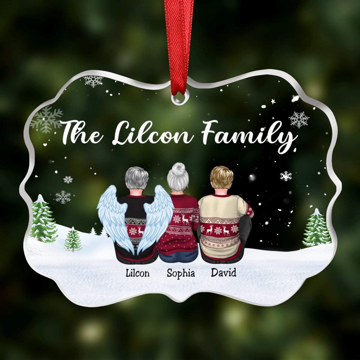 Family - Family Dad Mom Snow Background - Personalized Transparent Ornament - Makezbright Gifts