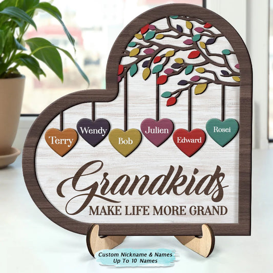 Family - Grandkids Make Life Grand - Personalized 2 - Layered Wooden Plaque With Stand - Makezbright Gifts