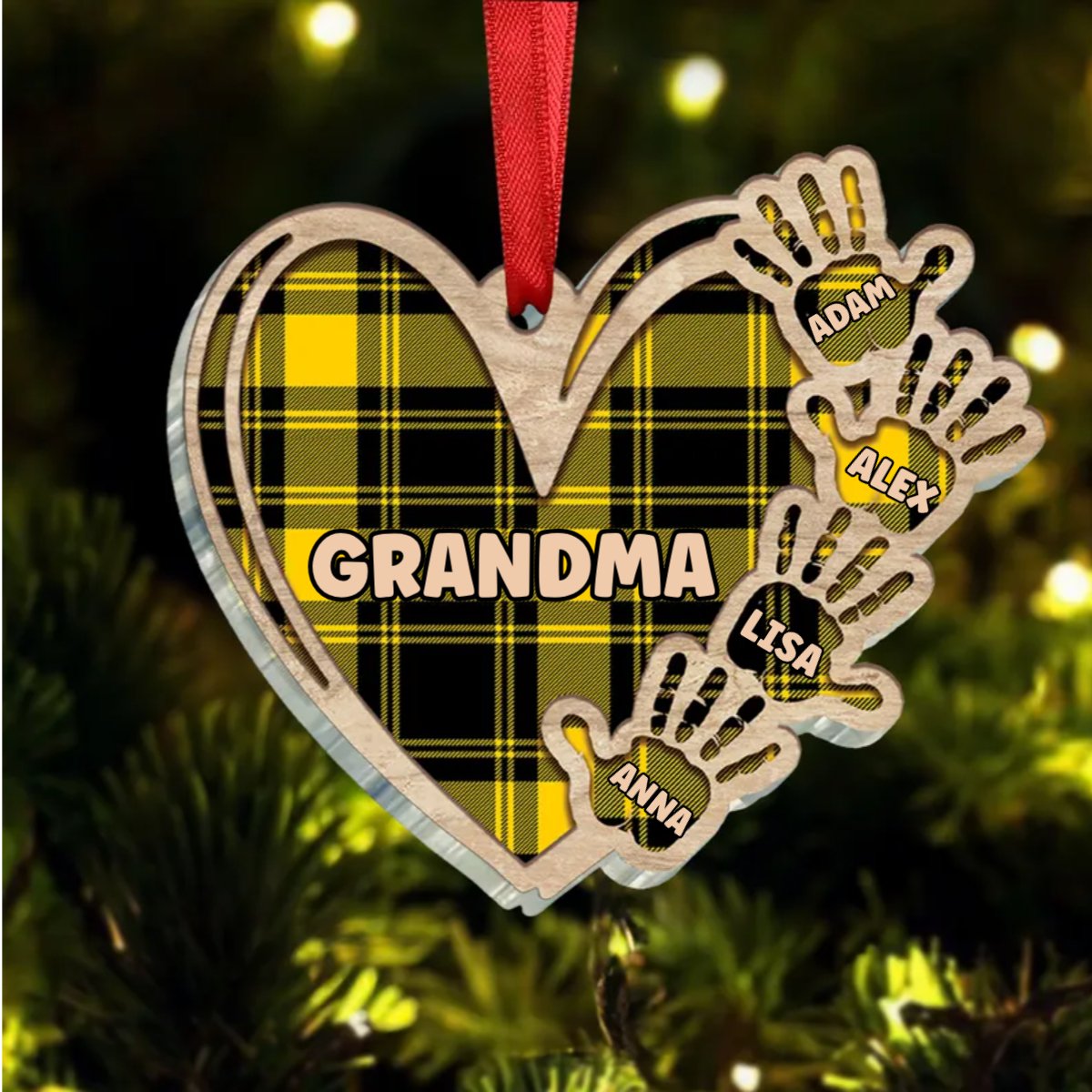 Family - Grandma Mom Heart Hand Print - Personalized Ornament - Makezbright Gifts