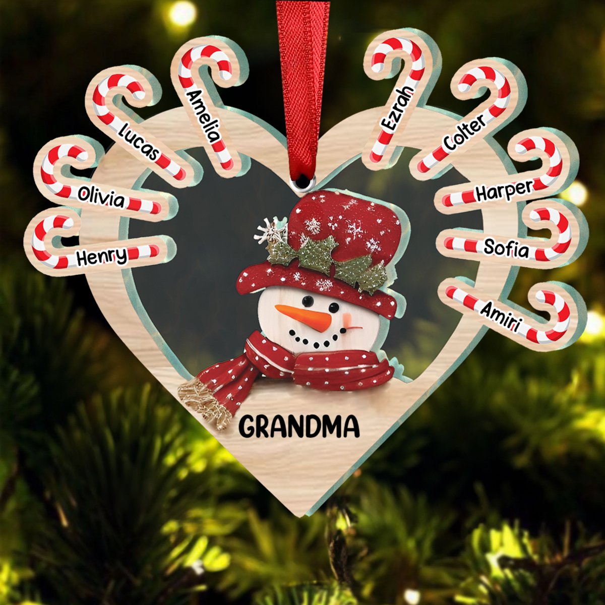 Family - Grandma Snowman Heart - Personalized Ornament - Makezbright Gifts