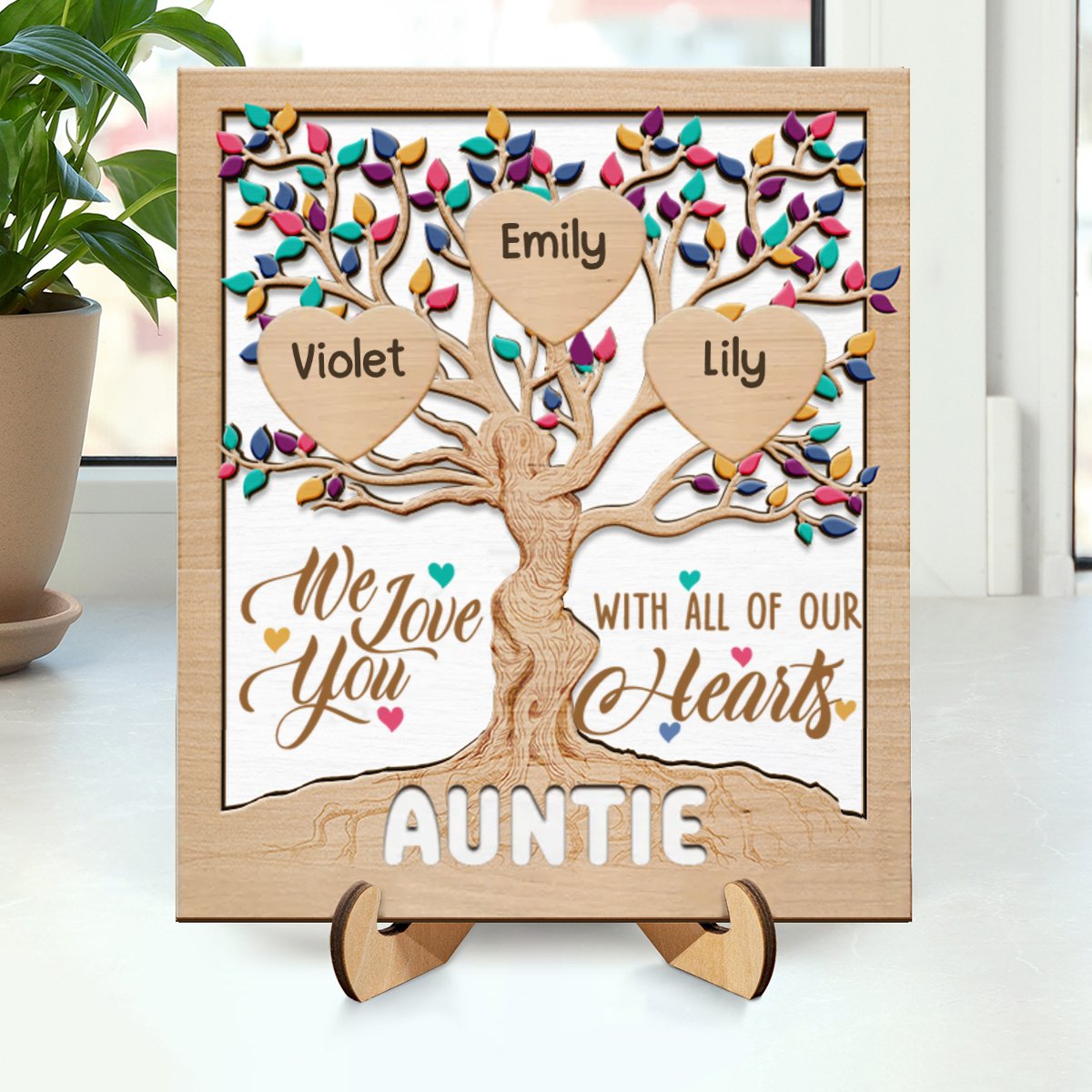 Family - Heart Tree Mom - Personalized 2 - Layered Wooden Plaque With Stand - Makezbright Gifts