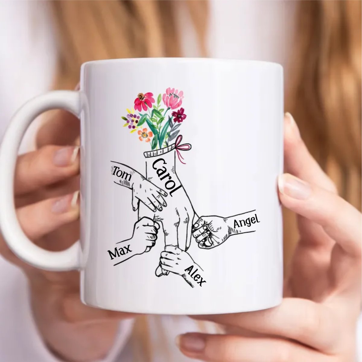 Family - Holding Flowers Hand - Personalized Mug - Makezbright Gifts