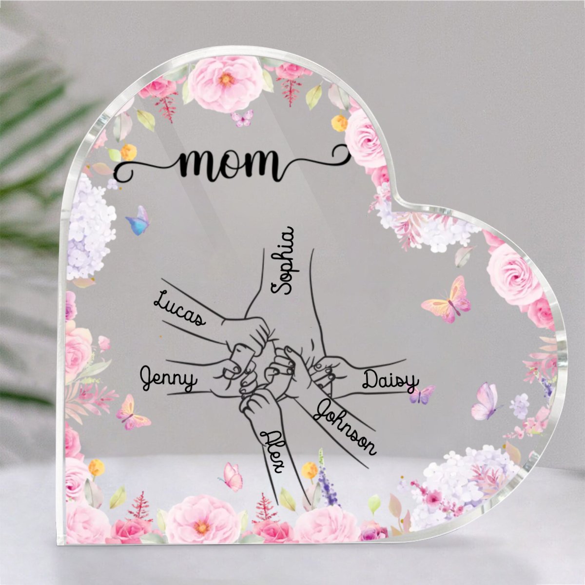 Family - Holding Mom's Hand - Personalized Heart Acrylic Plaque - Makezbright Gifts