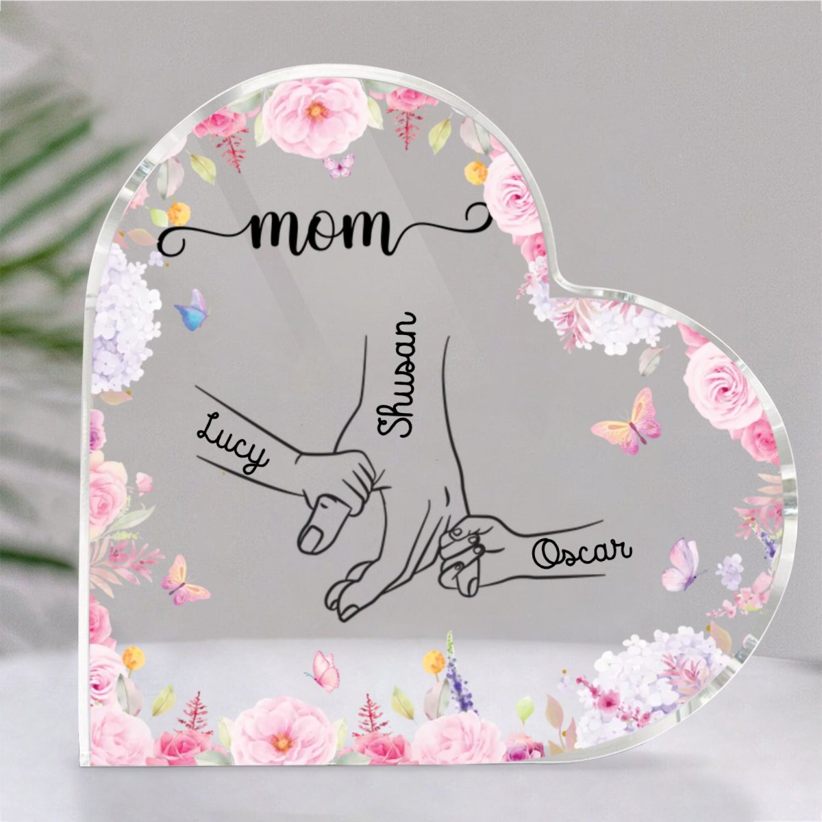 Family - Holding Mom's Hand - Personalized Heart Acrylic Plaque - Makezbright Gifts