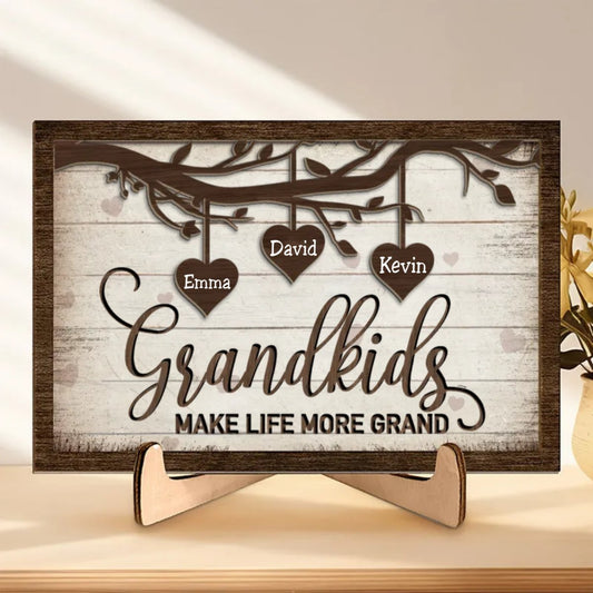 Family - I Love My Grandkids - Personalized 2 - Layered Wooden Plaque With Stand - Makezbright Gifts