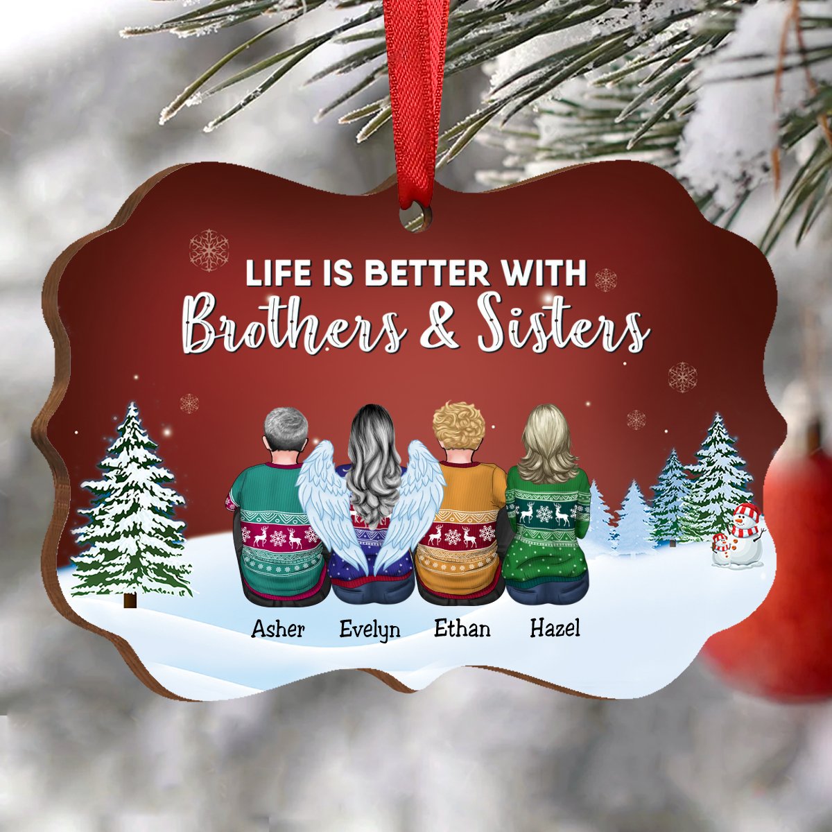 Family - Life Is Better With Brothers & Sisters - Personalized Christmas Ornament (Red) - Makezbright Gifts