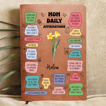 Family - Mom Daily Affirmations - Personalized Leather Journal - Makezbright Gifts