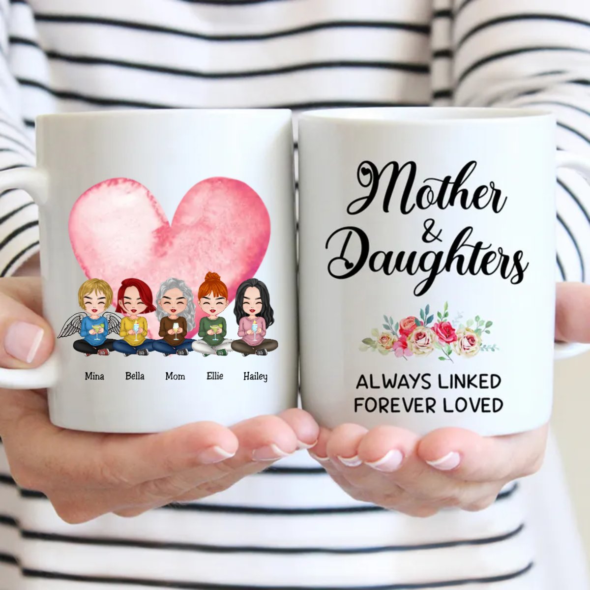 Family - Mother and Daughters Always Linked Forever Loved - Personalized Mug (LL) - Makezbright Gifts