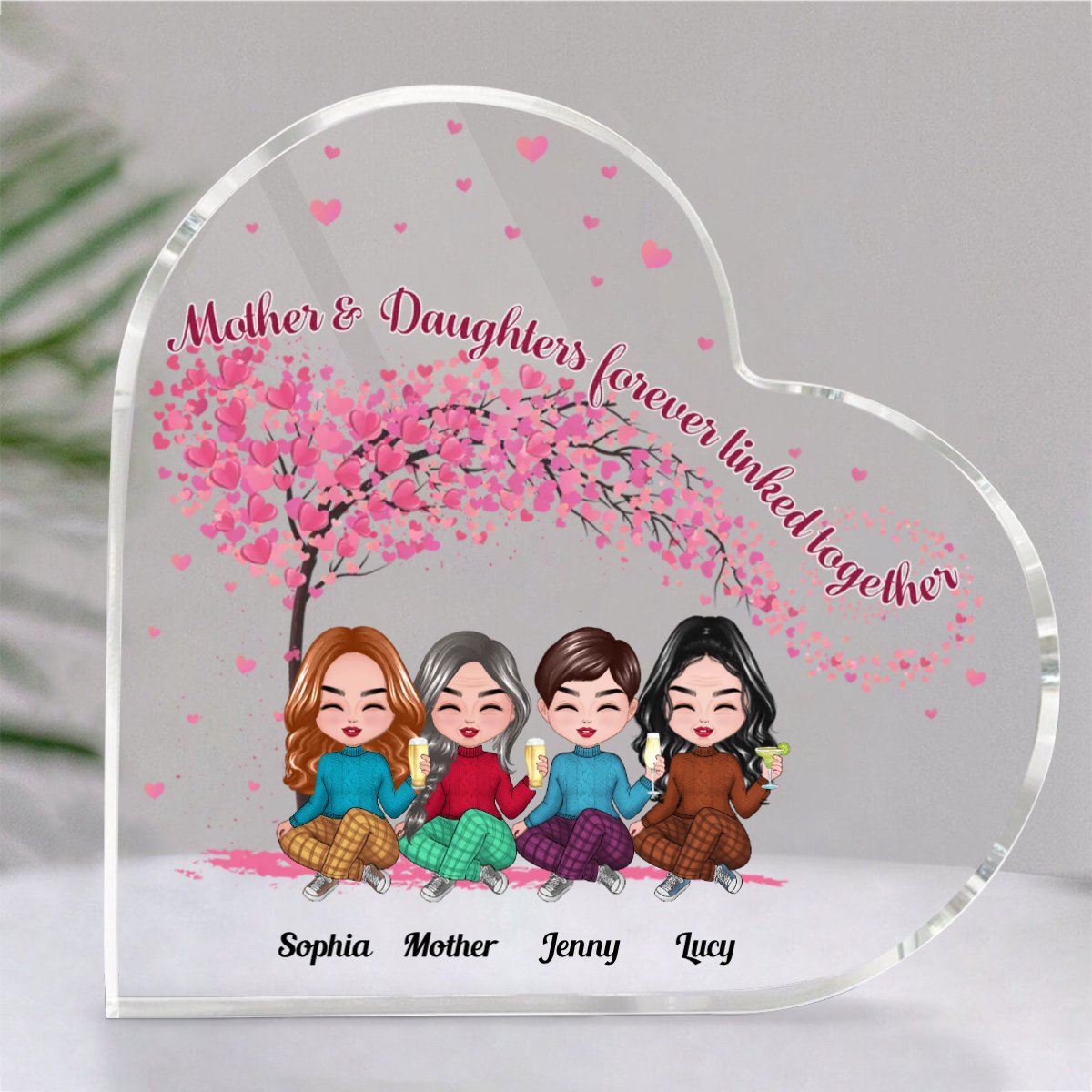 Family - Mother & Daughters Forever Linked Together - Personalized Acrylic Plaque (HEART) - Makezbright Gifts