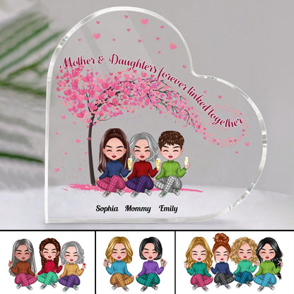 Family - Mother & Daughters Forever Linked Together - Personalized Acrylic Plaque (HEART) - Makezbright Gifts