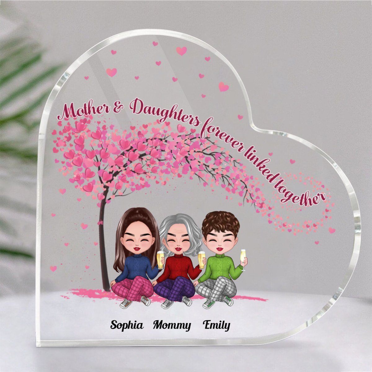 Family - Mother & Daughters Forever Linked Together - Personalized Acrylic Plaque (HEART) - Makezbright Gifts