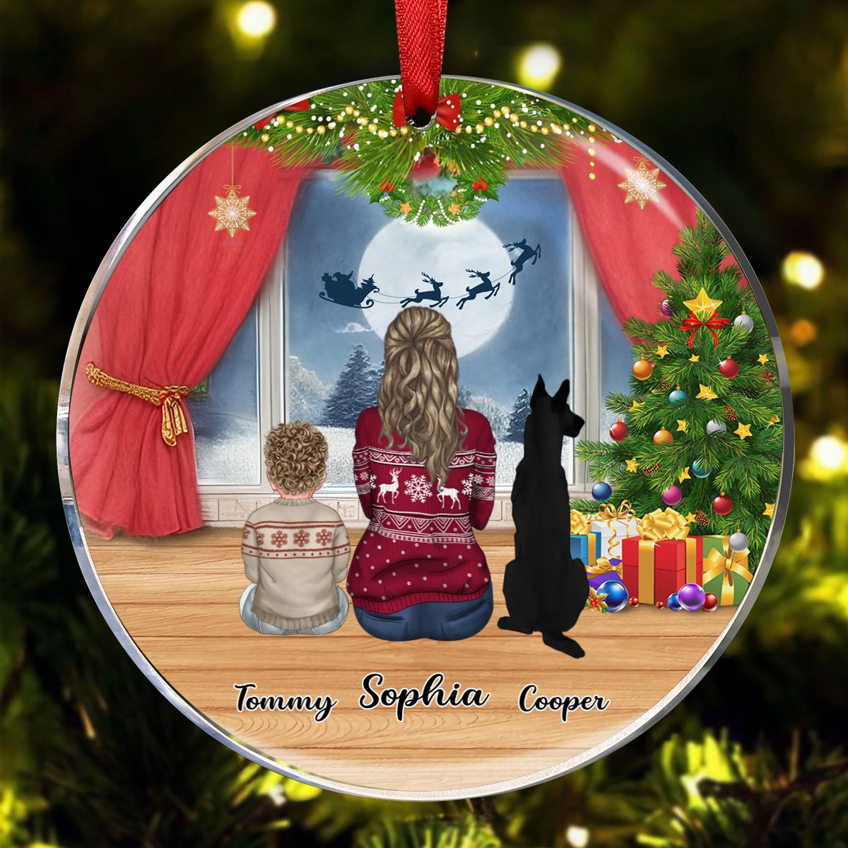 Family - Personalized Gifts For The Whole Family With Dog Waiting for Santa - Personalized Circle Ornament - Makezbright Gifts