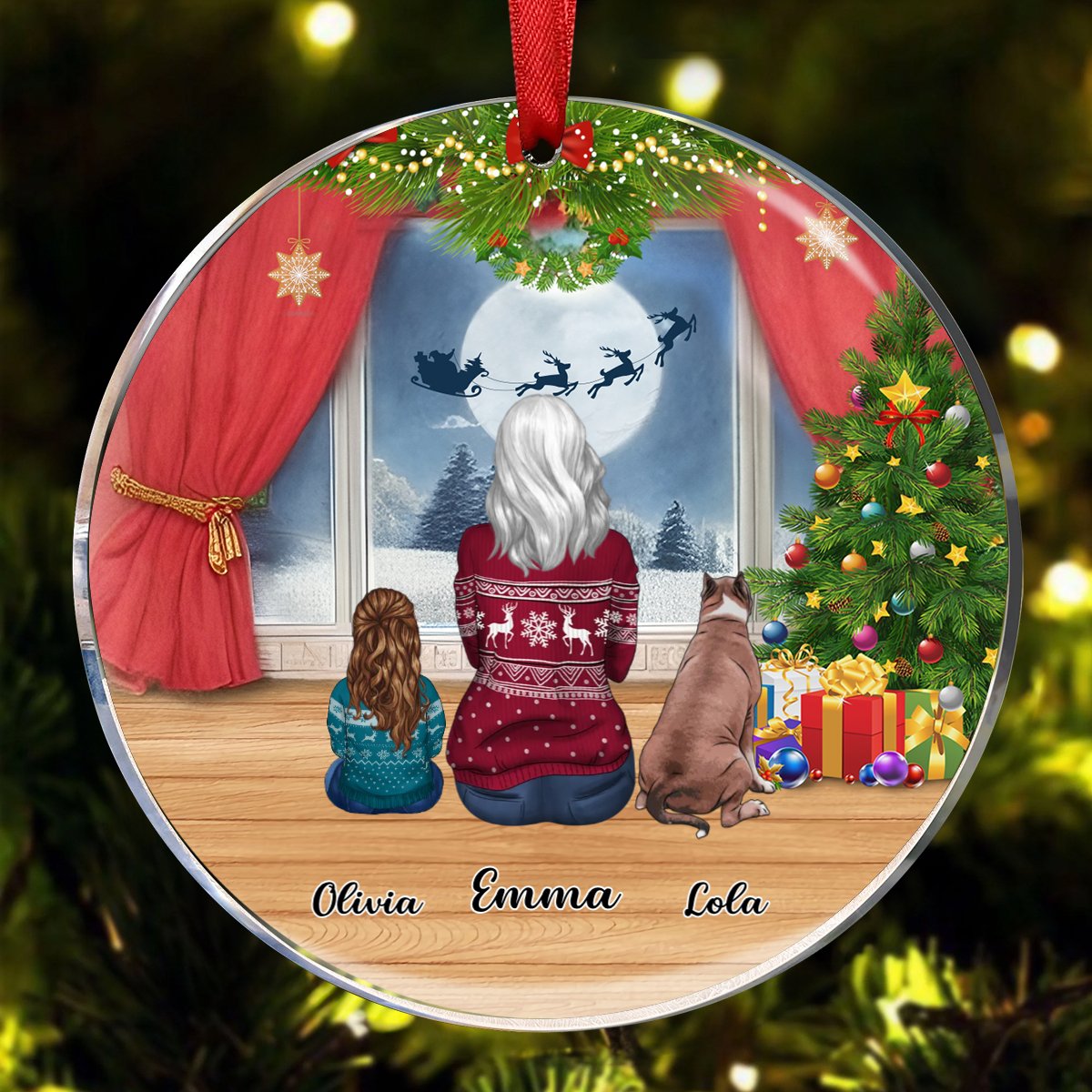 Family - Personalized Gifts For The Whole Family With Dog Waiting for Santa - Personalized Circle Ornament - Makezbright Gifts