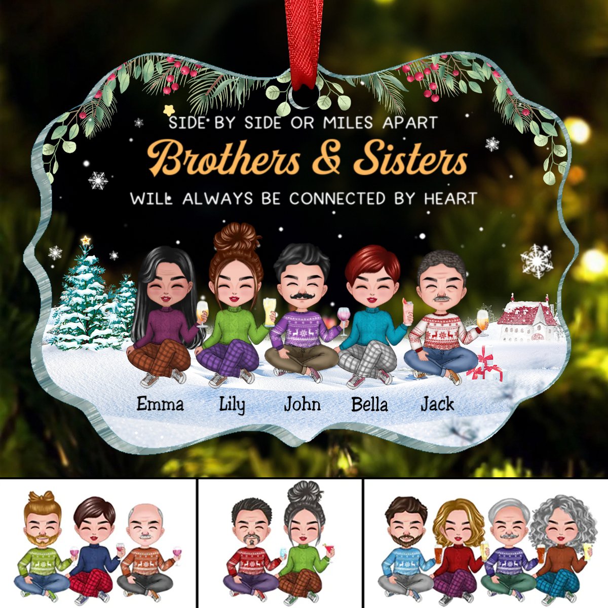 Family - Side By Side Or Miles Apart Brothers & Sisters Will ALways Be Connected By Heart - Personalized Acrylic Ornament - Makezbright Gifts