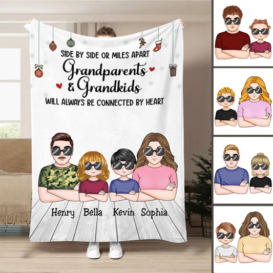 Family - Side By Side Or Miles Apart Grandparents & Grandkids Will Always Be Connected By Heart - Personalized Blanket - Makezbright Gifts