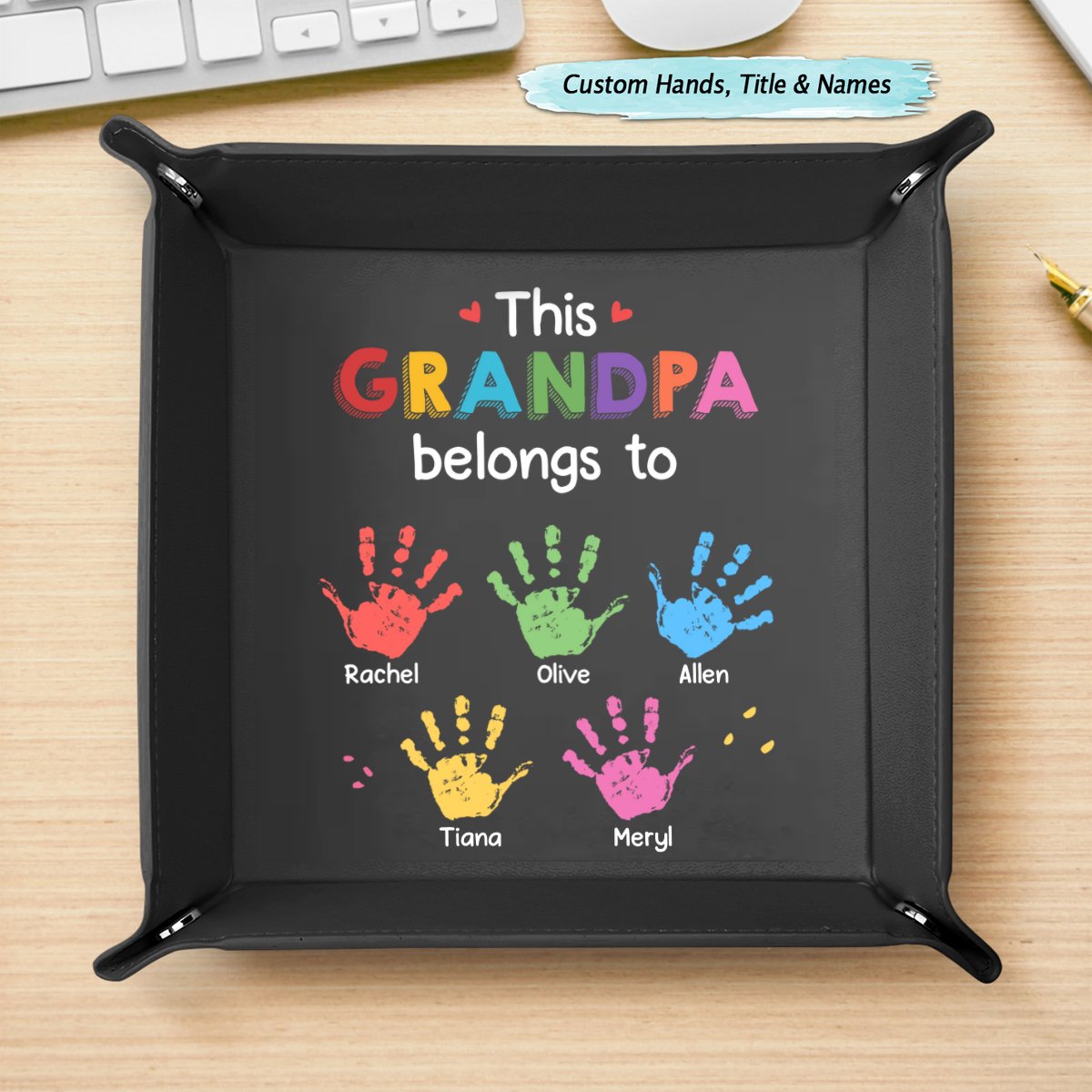 Family - This Grandpa Belongs To Grandkids Kids - Personalized Leather Valet Tray - Makezbright Gifts