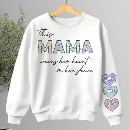 Family - This Mama Wear Her Heart On Her Sleeve - Personalized Sweater - Makezbright Gifts