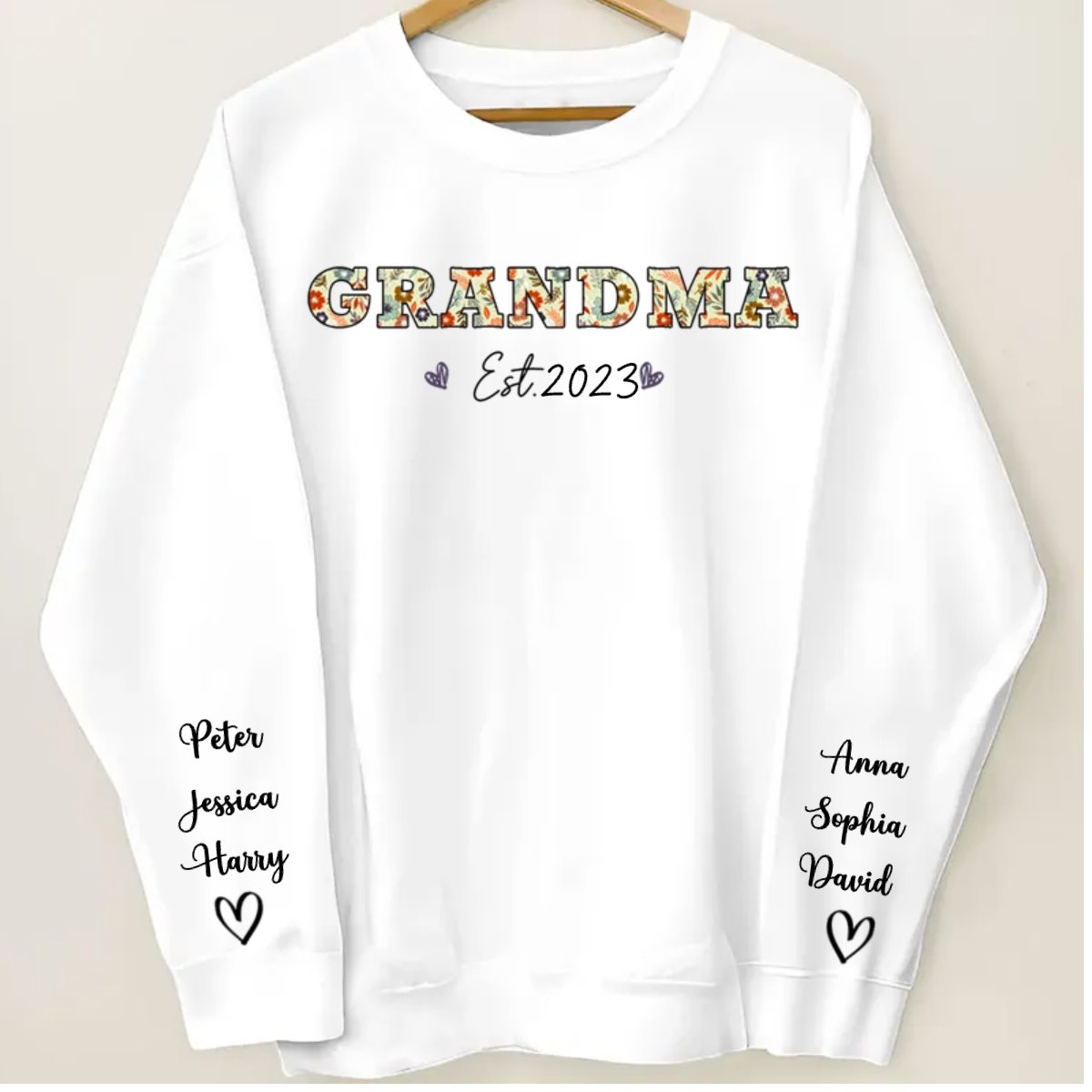 Family - Vintage Flowers Grandma Est With Grandkids Names - Personalized Sleeve Printed Sweatshirt (TL) - Makezbright Gifts