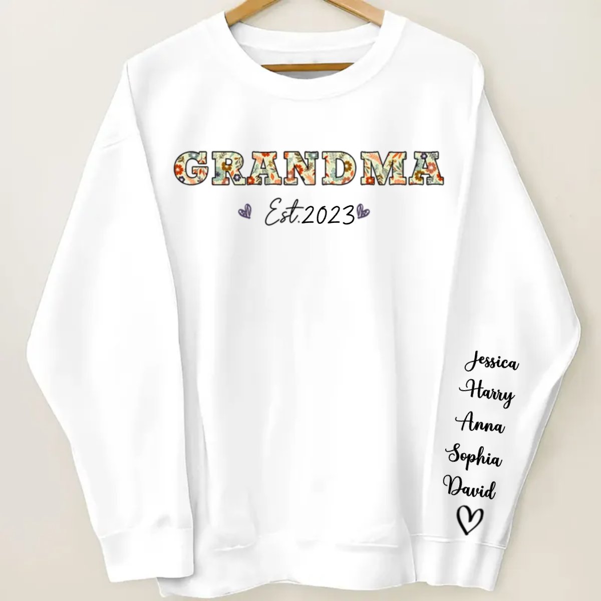 Family - Vintage Flowers Grandma Est With Grandkids Names - Personalized Sleeve Printed Sweatshirt (TL) - Makezbright Gifts