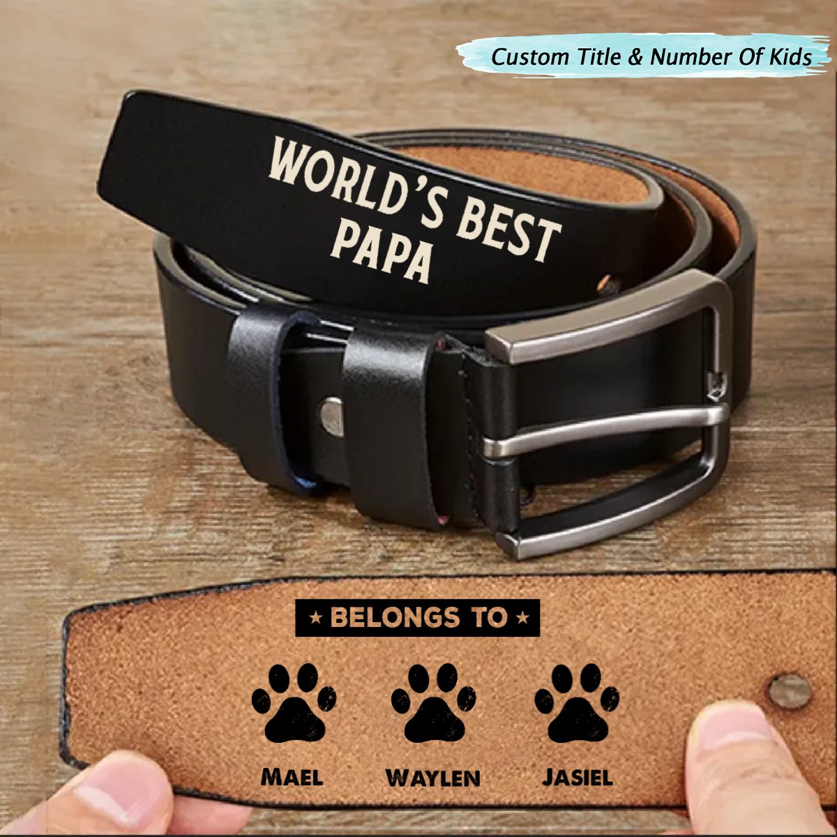 Family - World's Best Papa Belongs To Grandkids - Personalized Engraved Leather Belt - Makezbright Gifts